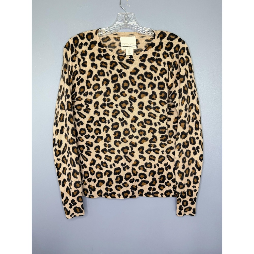 Cynthia Rowley 100% Cashmere Sweater 2-ply Women M Beige Leopard Print Crew Neck